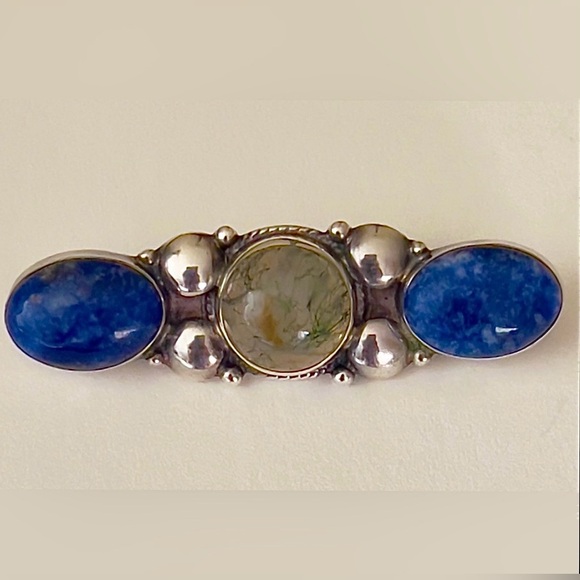 Vintage Sterling Silver Lapis Lazuli Moss Agate Brooch Pin 9.21g Artisan